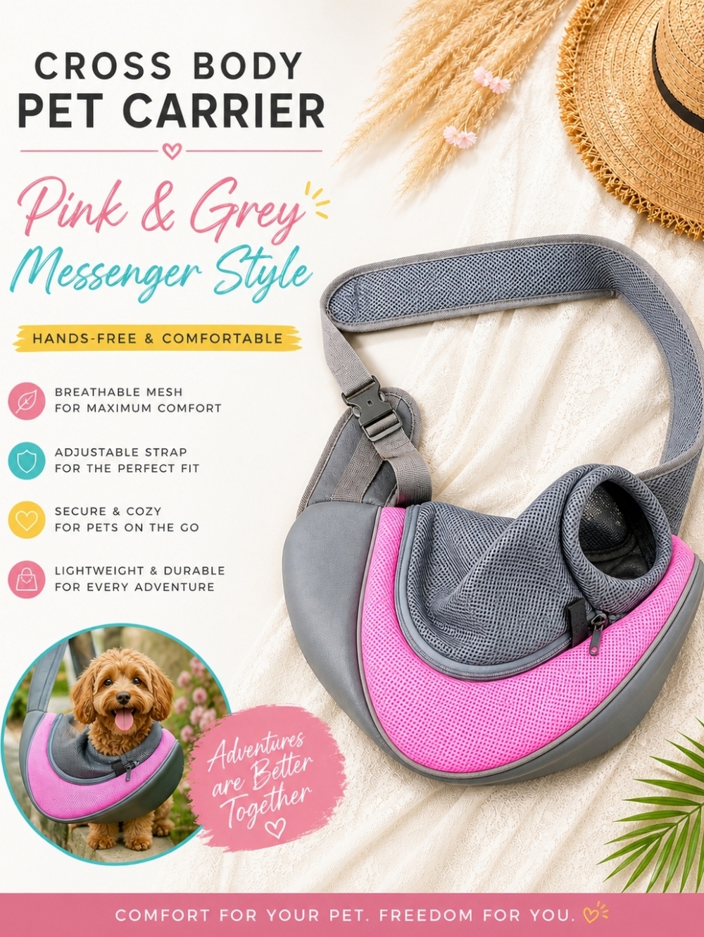 PET CARRIER - Messenger Bag Style Cat / Small Dog Carrier Gray & Bright Pink New